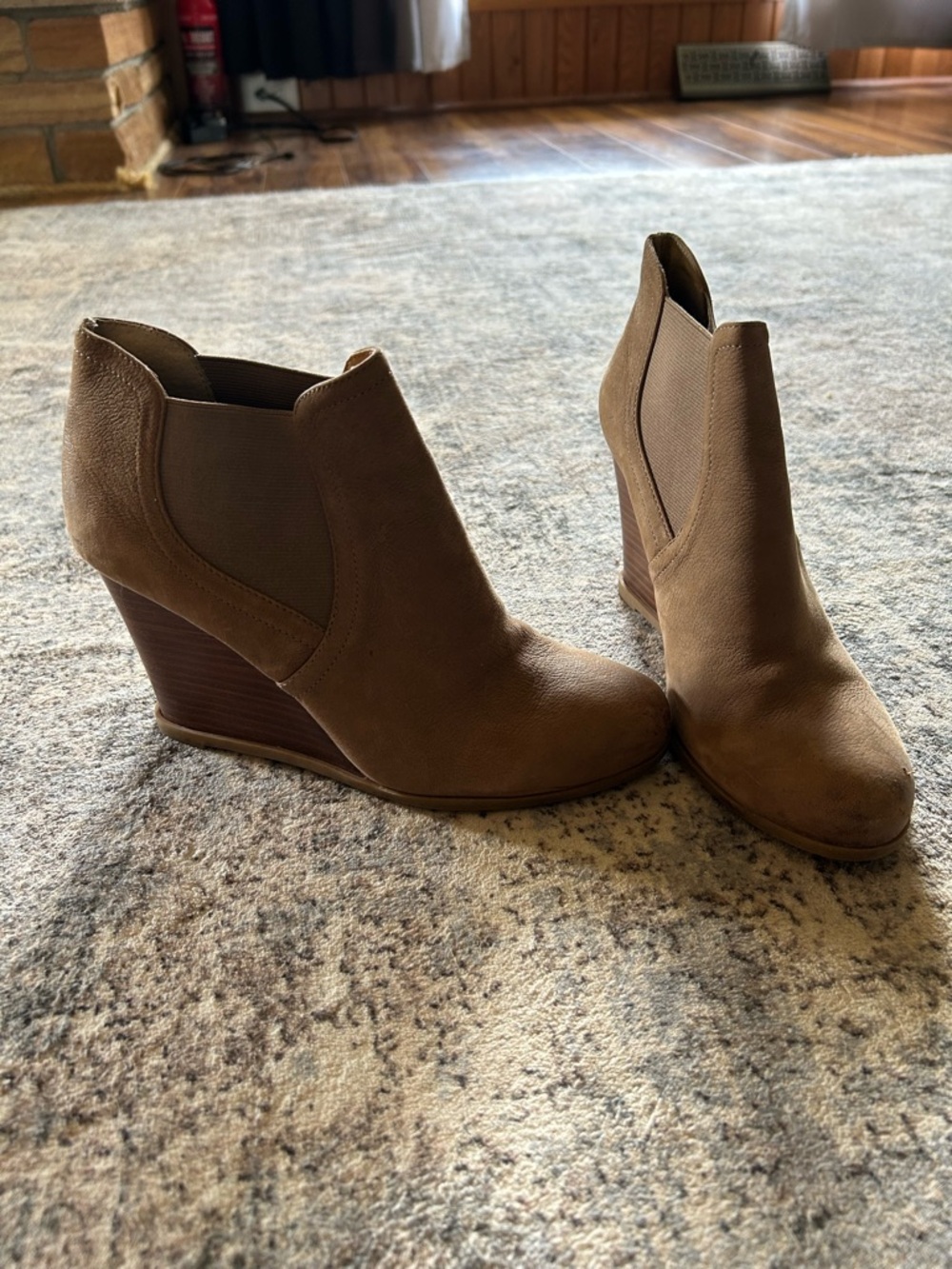 Audrey Brooke Tan Wedge Ankle Booties